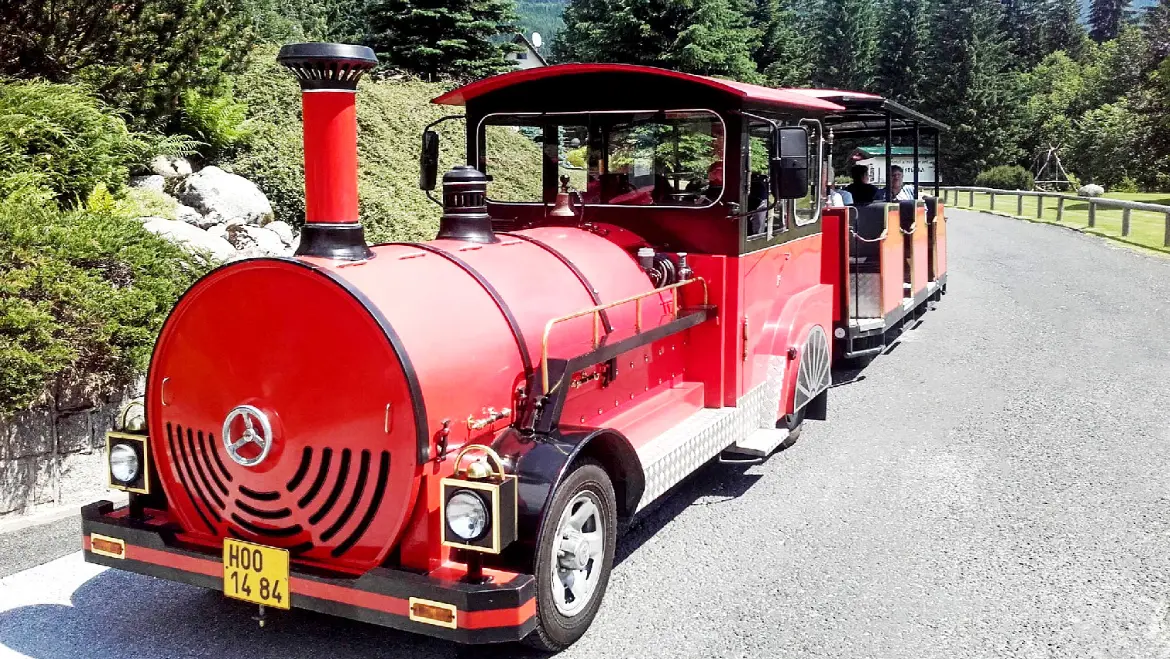 Červený turistický vláček s cestujícími na asfaltové silnici.