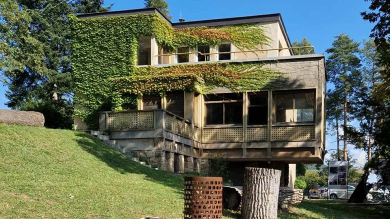 Žikmundova vila s plíživou zelení na svahu.
