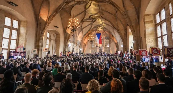 Velká shromáždění v historické síni s českou vlajkou.