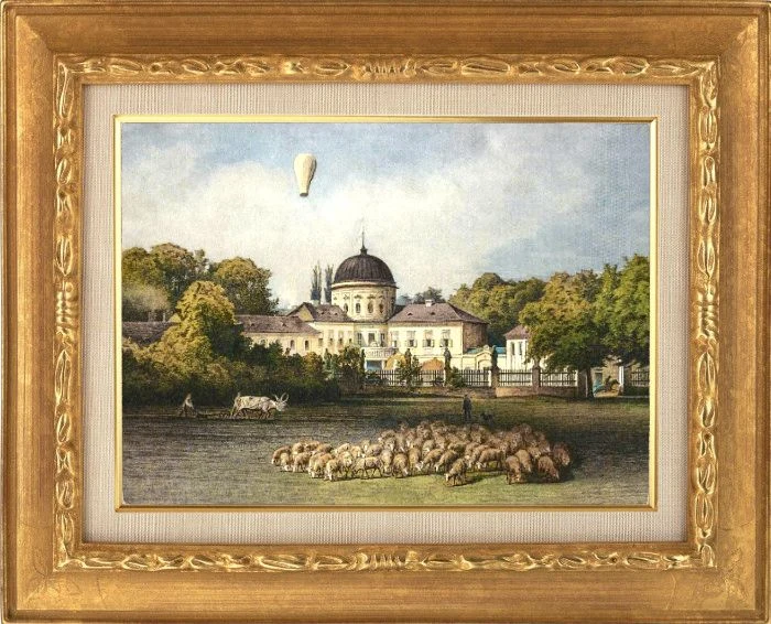 Zámek Veltrusy s ovciemi na louce pod balónem.
