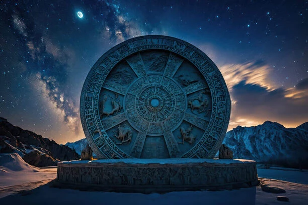Velký kamenný zodiakální kruh pod hvězdnou oblohou v zimní krajině.