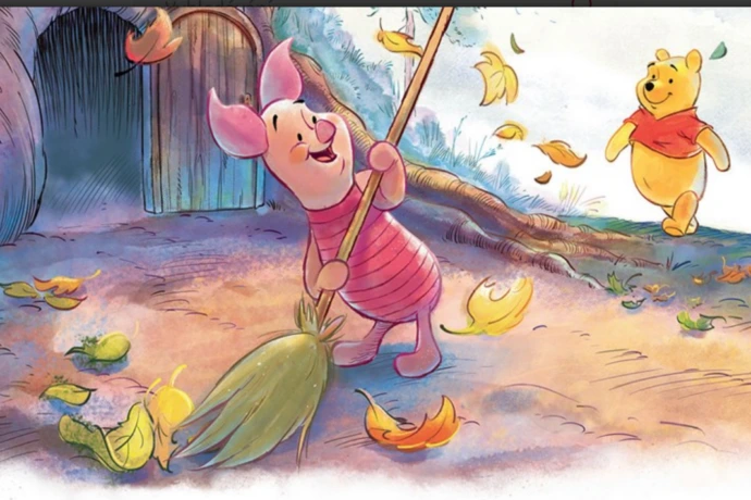 Piglet met medvídkem v lesíku při úklidu listí.