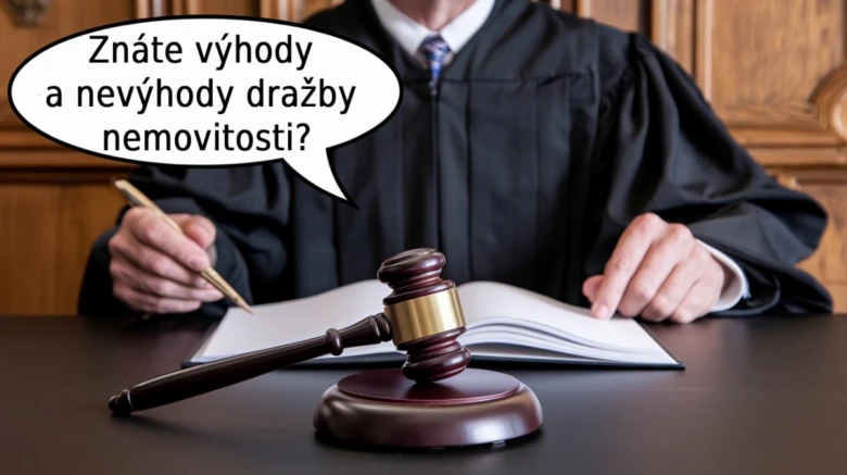 Soudce s kladivem na stole při dražbě nemovitosti.
