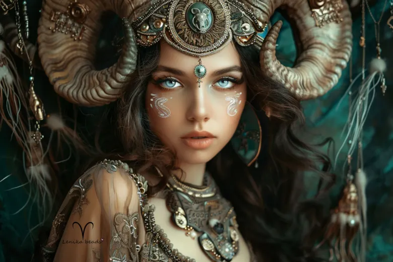 Žena s rohy berana v astrologickém stylu pro znamení Beran.