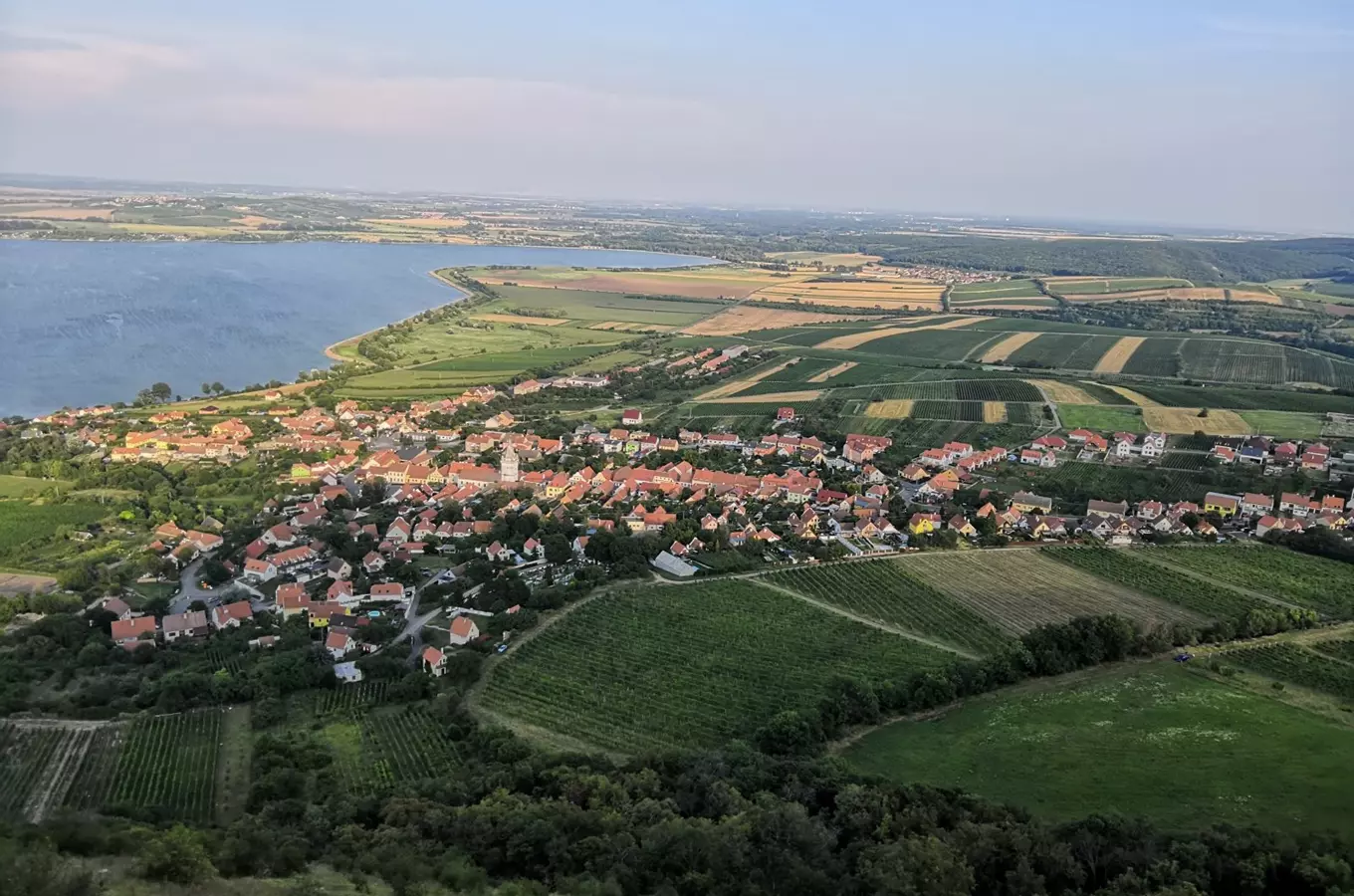 Pohled na vesnici s vinicemi u jezera v Jižních Moravě.