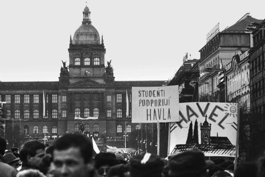 Protest with signs and building