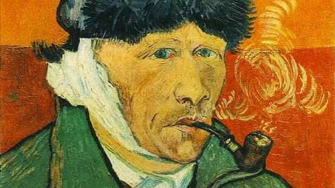 Portrét Van Gogha s obvazem na uchu a dým z fajky.
