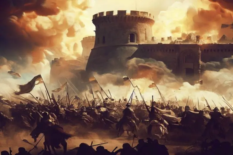 Ilustrace dobývání pevnosti s rytíři útočícími na hrad.