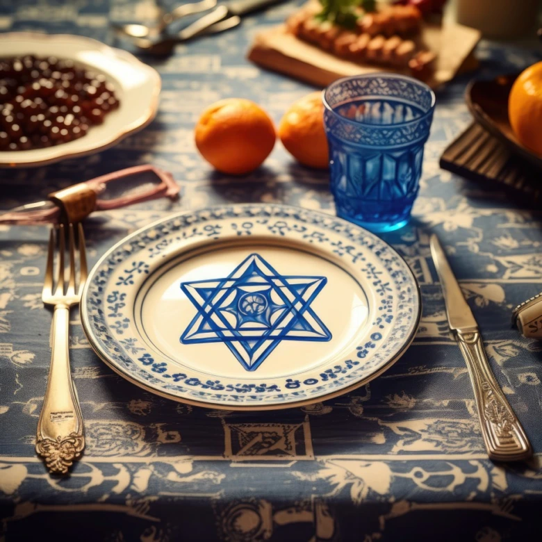 Nastavení pro svátek Pesach s hvězdou Davida na talíři.