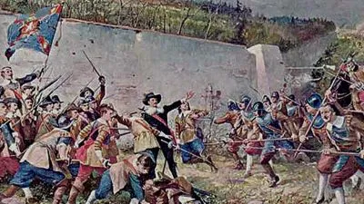 Historický obraz bitvy na Bílé hoře s vojáky u zdi.