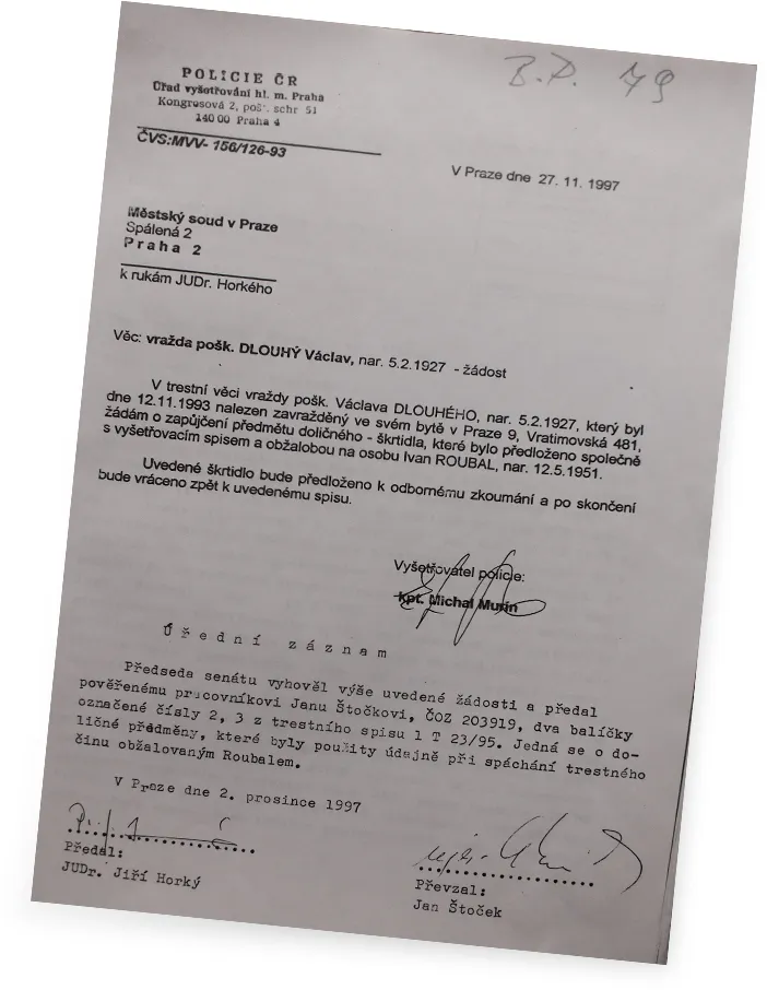 Dokument policie ČR z roku 1997 o vraždě Václava Dlouhého.