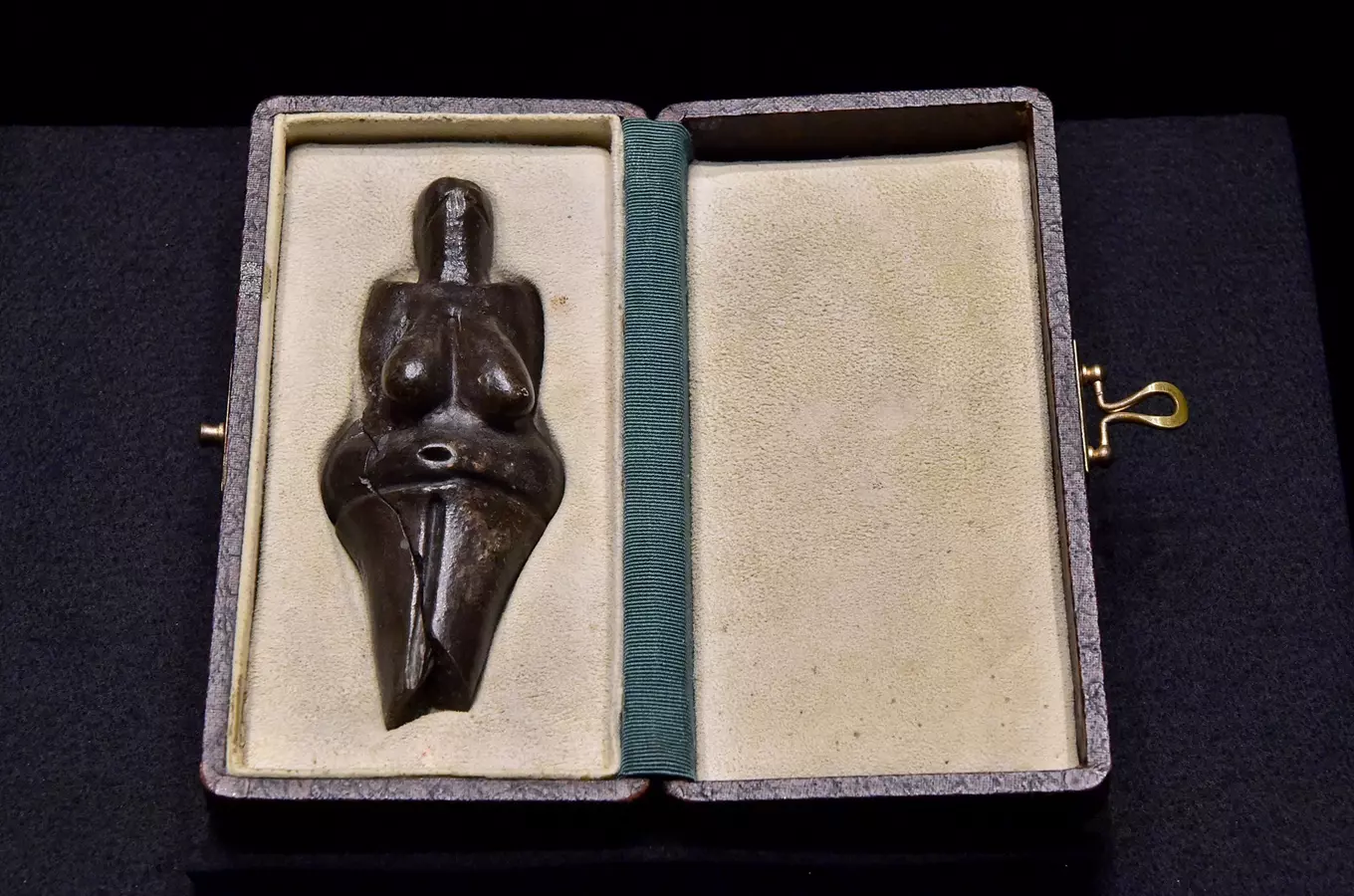 Věstonická venuše v expozici muzea s popisem historie.