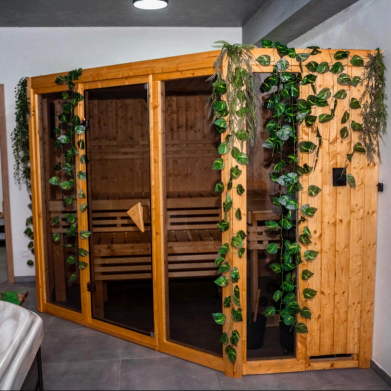 Dřevěný saunový box s rostlinami pro privátní wellness v Olomouci.