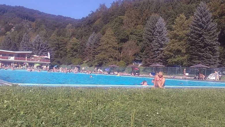 Venkovní bazén v Povrlech s lidmi ve vodě a okolním lesím.