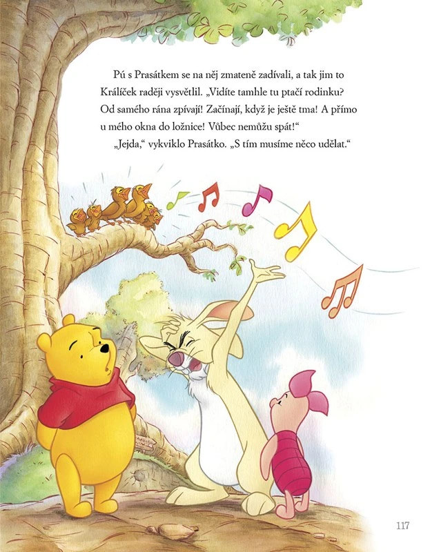 Ilustrace medvídku Pú s Prasátkem a Králíčkem pod stromem.