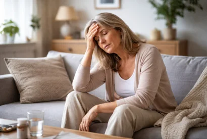 Žena sedí na gauči s bolestmi hlavy během menopauzy.