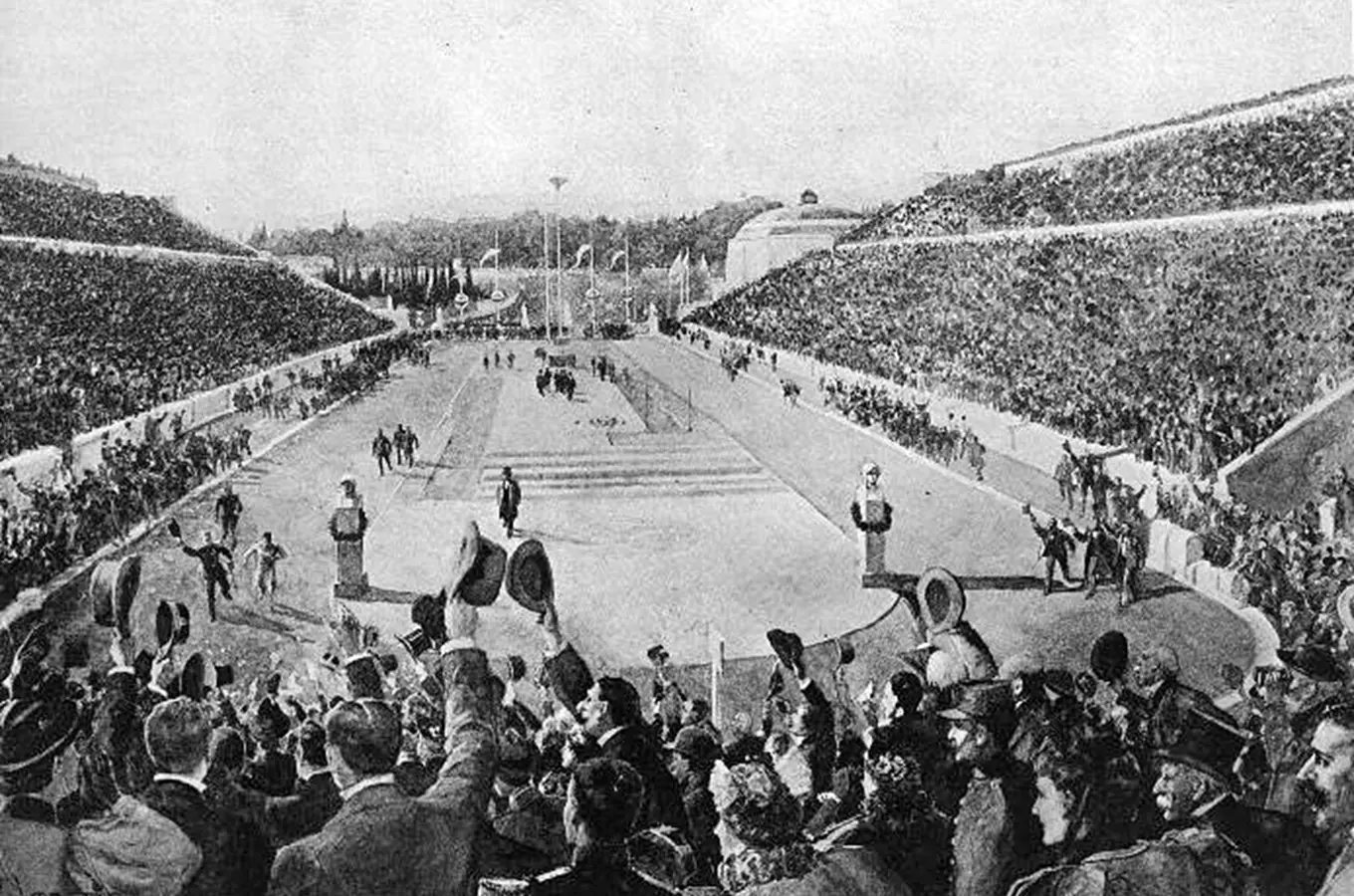 Historický závod maratónu s běžci na stadionu.