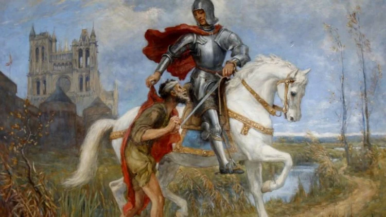 Svatý Martin na koni sdílí plášť se chudákem.