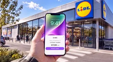 Ruka drží chytrý telefon s bankovní aplikací před obchodem.