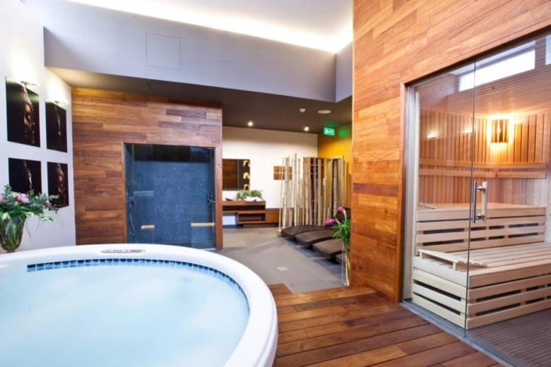 Moderní vnitřní wellness prostor s saunou a horkým bazénem.