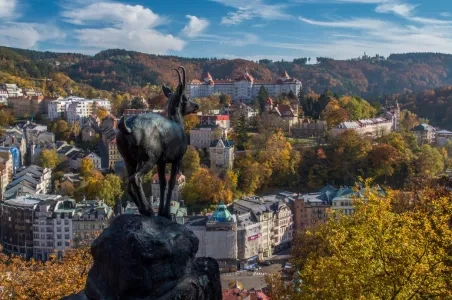 Socha kozla s výhledem na město Karlovy Vary v podzimu.