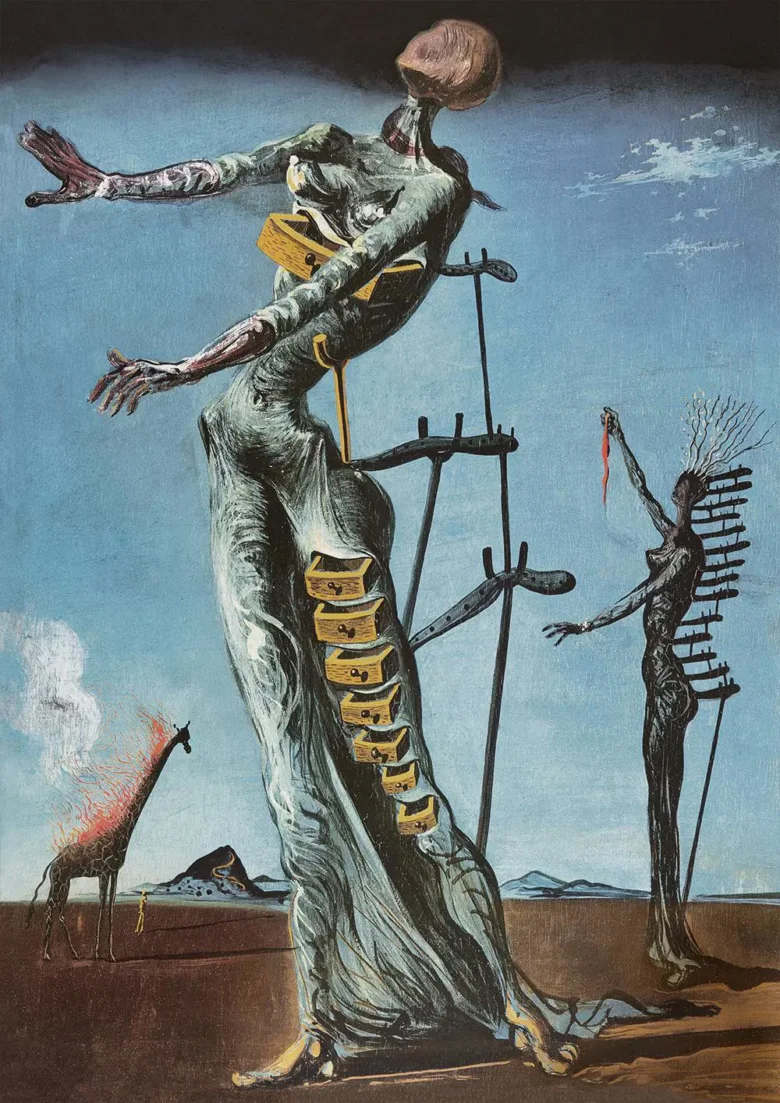 Surrealistická malba Salvadora Dalí s obřím postavou z šupin.