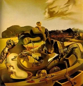 Surrealistická krajina Salvadora Dalího s deformovanými postavami.