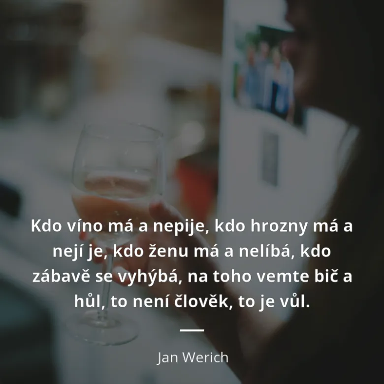 Jan Werich citát o vínu s osobou držící sklenici