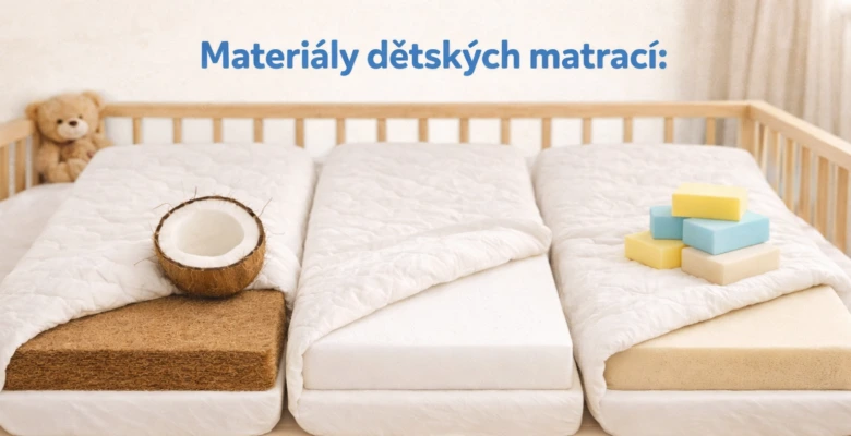 Porovnání materiálů dětských matrací: kokosová vlákna, pěna a látex.