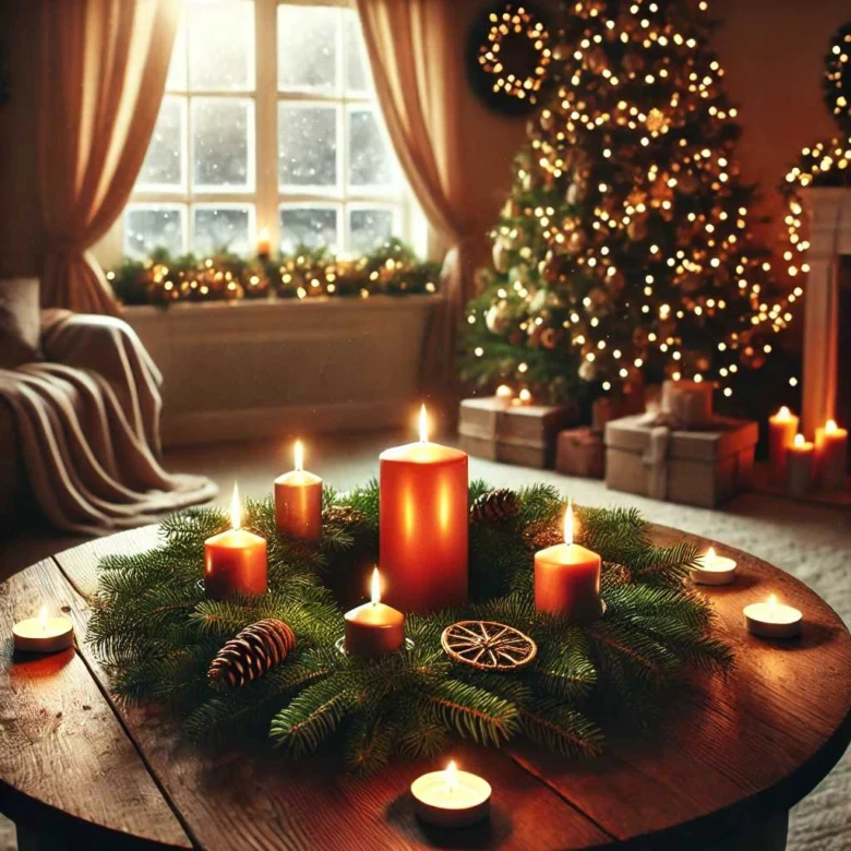 Zapálený adventní věnec s vánočním stromem v pozadí.