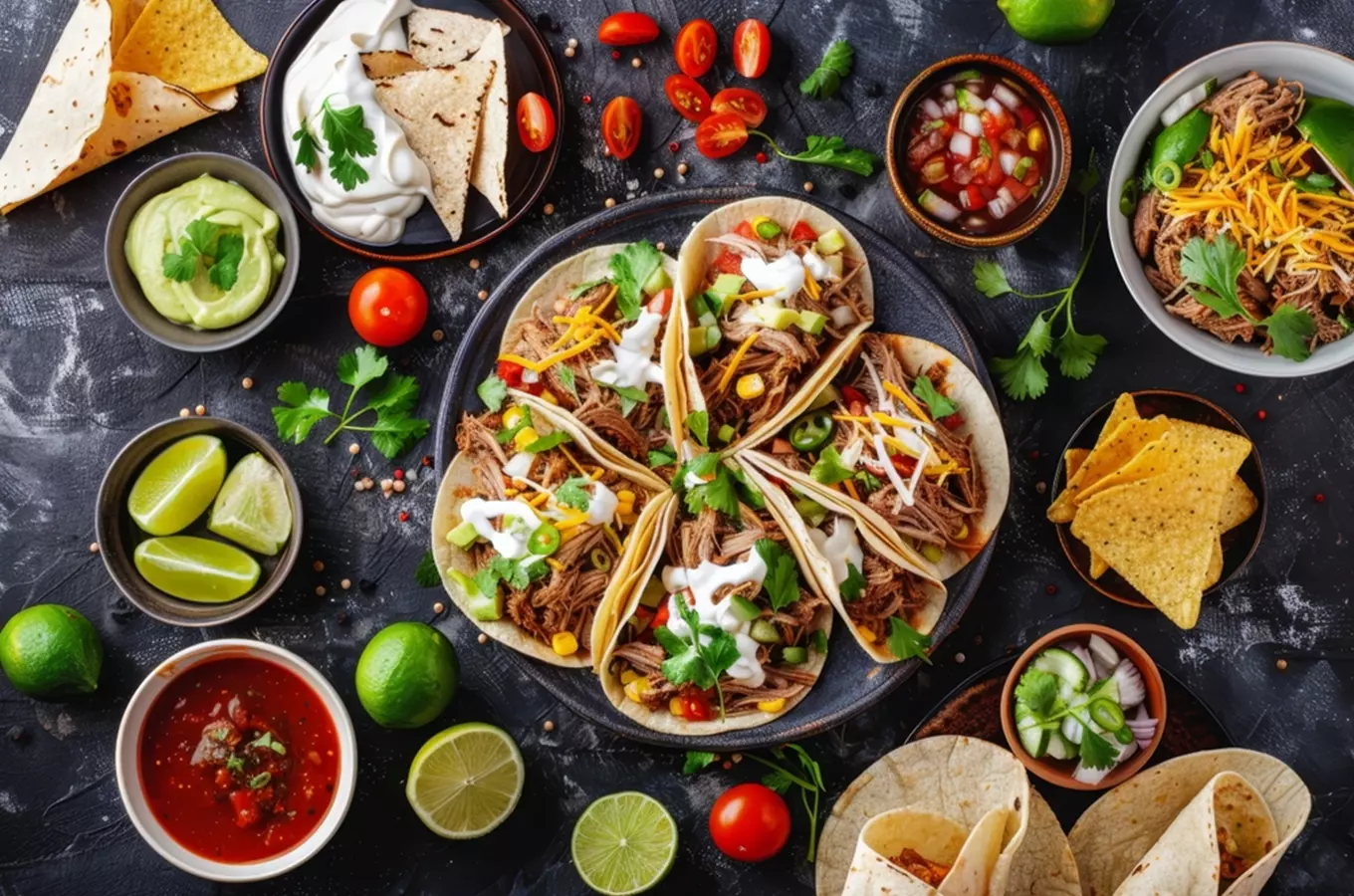 Mexické taco s masem, guacamole, salsa a čerstvé zeleniny.