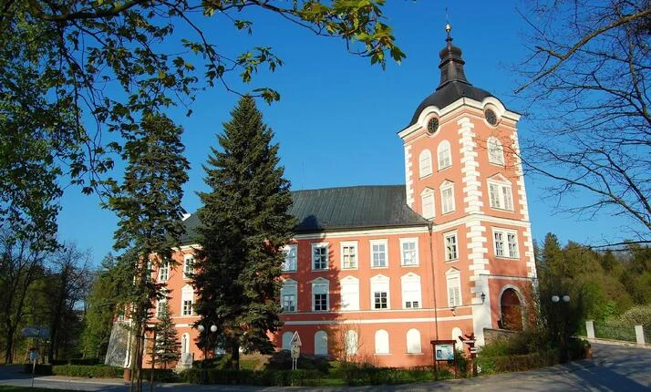 Zámek Kamenice nad Lipou s věží pod modrou oblohou.