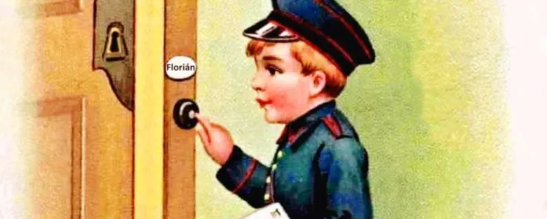 Chlapec v uniformě zvoní na dveře s nápisem Florián
