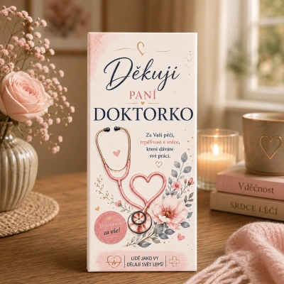 Dárkový balíček pro paní doktorku s květinami na stole.