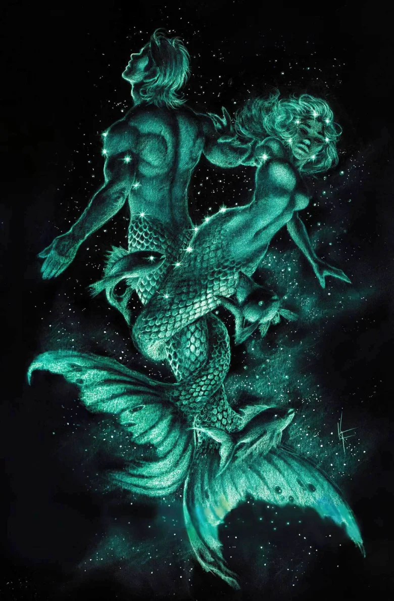 Ilustrace znamení Ryby s dvěma rybími postavy na hvězdném pozadí.