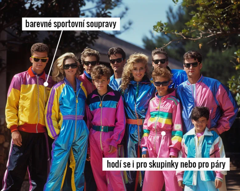 Skupina lidí v barevných sportovních soupravách z osmdesátých let.