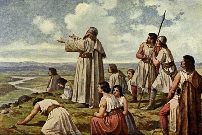 Starověcí lidé na kopci s řekou v pozadí.
