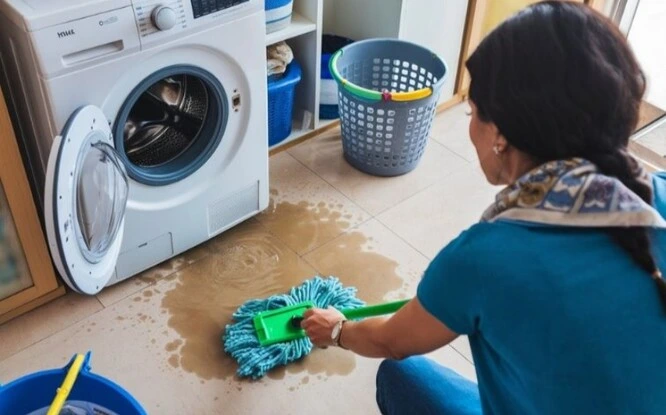 Žena čistí podlahu u pračky po vylití vody.