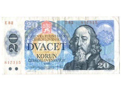 Stará československá dvacetikorunová bankovka s portrétem Jana Amose Komenského.