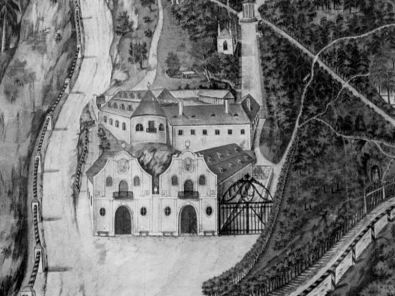 Historický pohled na zámek v Ránově nad Dyjí s okolním krajinným prostředím.