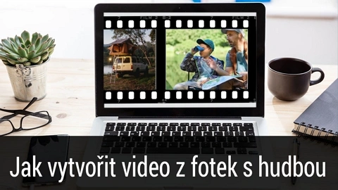 Laptop s fotkami v proužku filmu pro tvorbu videa z obrázků