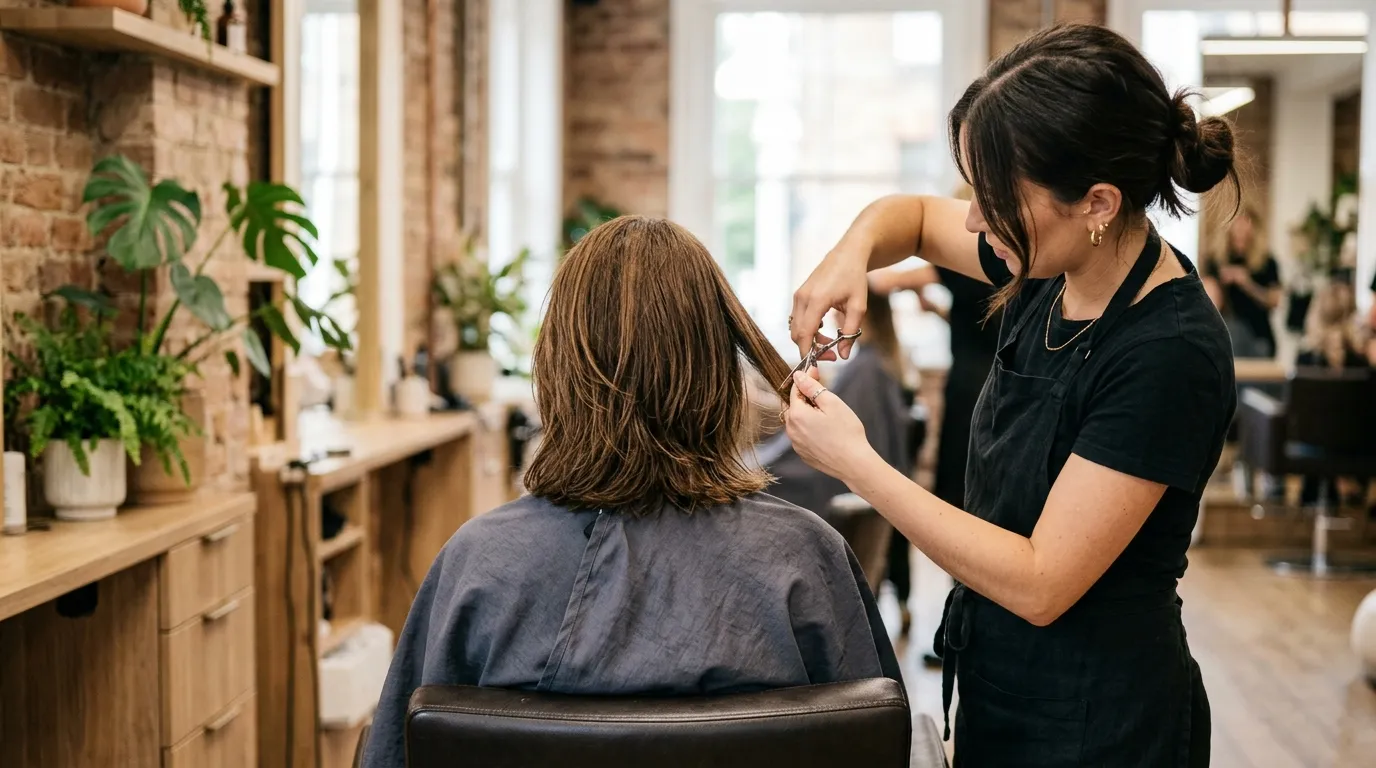 Stylista stříhá ženu s krátkými vlasy v kadeřnictví.