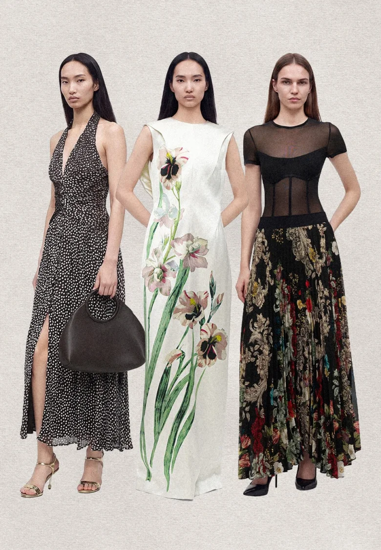 Tři modelky v elegantních večerních šatech pro módní článek.
