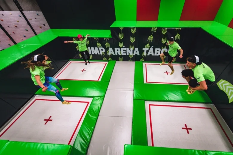 People jumping on trampolines