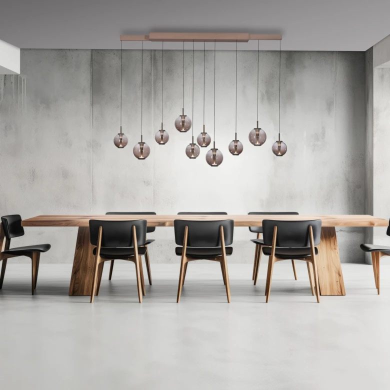 Stolní osvětlení v moderní jídelně s visícími lampami.