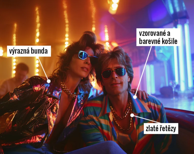 Stylová dvojice v módním stylu osmdesátých let s výraznými bundami.
