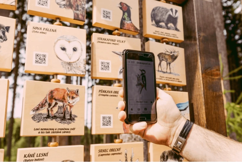 Ruka s telefonem skenuje QR kód na informační tabuli o zvířatech pro děti.