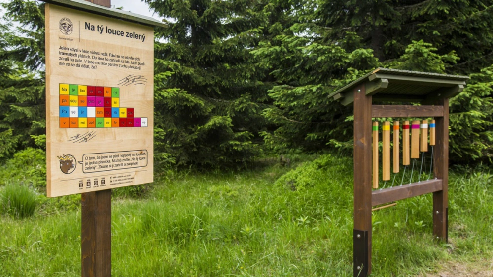 Hudební nástroj a informační tabule v přírodě pro turisty.