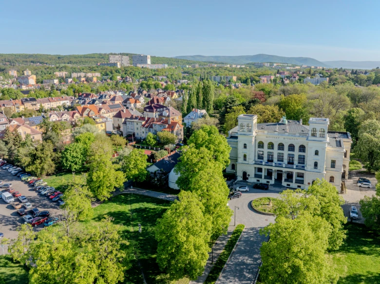 Historická budova s výhledem na město v zeleném parku