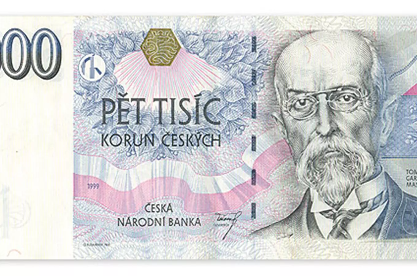 Pět tisíc korun českých s portrétem T.G. Masaryka na československé bankovce.
